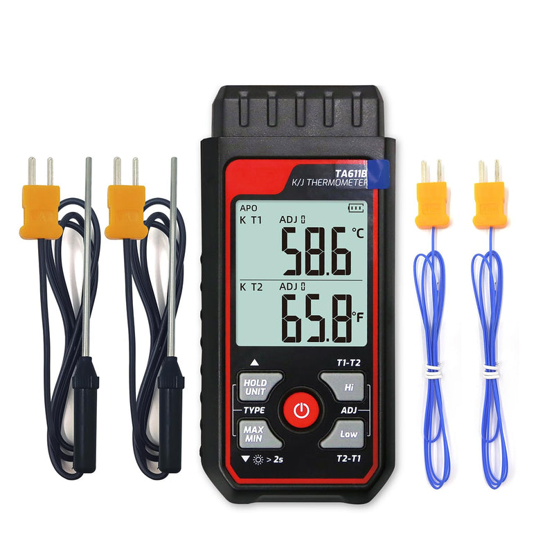 [Australia - AusPower] - Thermocouple Thermometer Digital K/J Type Temperature Thermometer w/ 4 K-Type Thermocouples, Dual-Channel HVAC Temperature Meter -328~2501℉ Measuring Range with Backlit LCD, Alarm & ADJ Compensation 