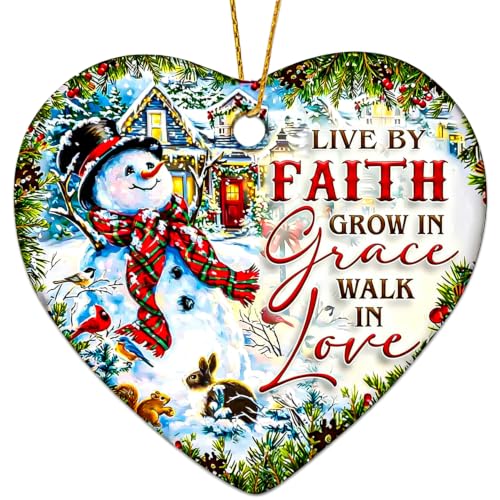 Snowman Christmas Ornaments 2026, Ceramic Snowman Ornaments for Christmas Tree - Live By Faith, Grow in Grace, Walk in Love, Religious Christian Ornament Gift for Family Friends