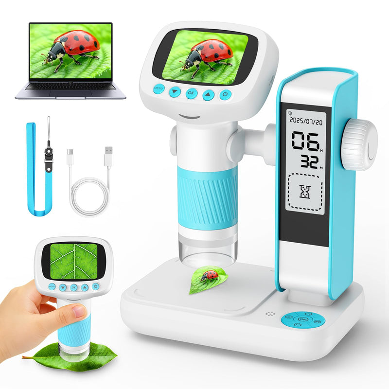 Leipan Portable Children's Microscope with 2 Inch IPS Screen | Digital microscope for children, USB microscope, photo and video recording, magnifying glass toy from 3 years blue
