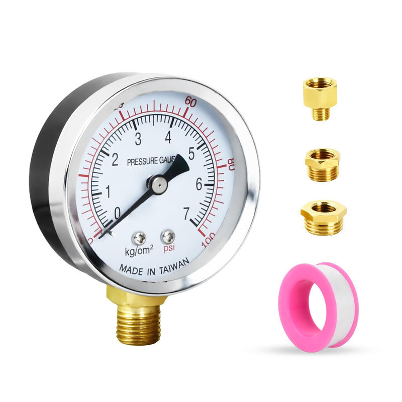 Vacuum gauge BSP 1/4 inch, 60 mm well pump pressure gauge, 0-7 bar, 0 ~ 100 psi with 2 pieces socket 1/4 inch to 3/8 inch, 1/4 inch to 1/2 inch, a Teflon tape, for water, oil, air, air and others