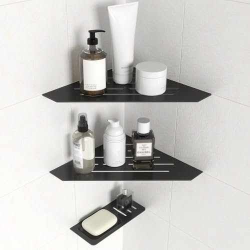 XIGOO 10" Recessed Corner Shower Shelf 2 Packs, Grout Mount Install ation with Soap Holder, Bathroom Cornor Organizer for Tiled Wall, Requires Sealant, Matte Black