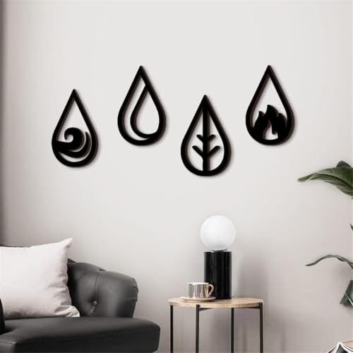 Four Elements Minimalist Wood Wall Art, 4 Pcs Nature Elements Symbol Wall Art, Wind, Water, Earth, Fire Vector Sign, Wooden Geometric Wall Decor for Living Room Bedroom Office, 11.8" x 7.09"
