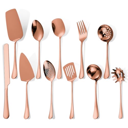 Copper Serving Utensils Set - Rose Gold Stainless Steel Flatware Set 11- Pieces Cake Knife Serving Fork Spoon Skimmer Pasta Ladle Spatula Perfect for Home Kitchen and Special Occasions 11 Pieces-Rose Gold/Copper