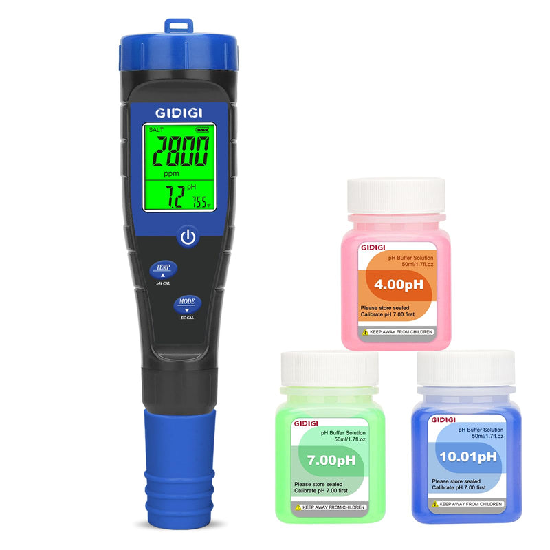 [Australia - AusPower] - Salt Tester for Pool, pH Meter Digital 5-in-1 pH TDS EC Salt Content Meter with Calibration Solution Set, pH ppm Meter for Salt Water Pool, Aquarium, Hot Tub, Spa, Hydroponics, Home Brew 