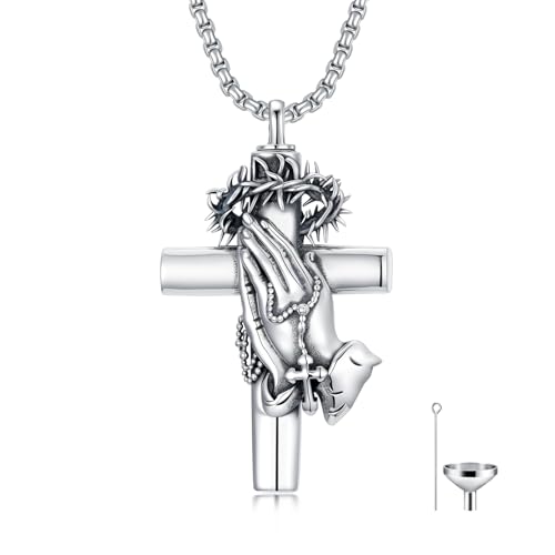 PROESS Praying Hands/Angel/Sword Wings Cross Necklace 925 Sterling Silver Cross Pendant Cremation Jewelry Religious Gifts for Men Christian 3-Cross urn necklace