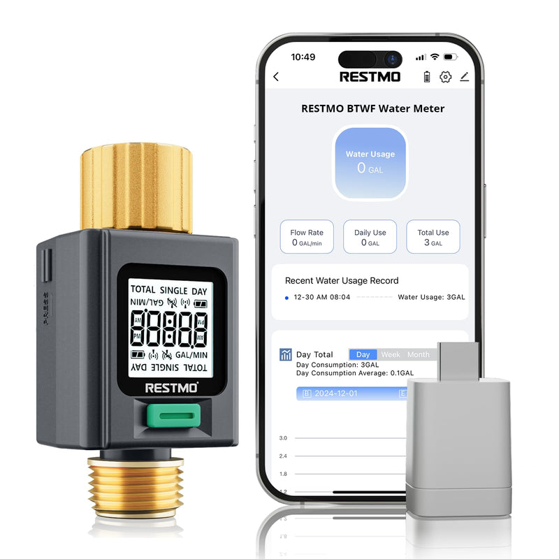 [Australia - AusPower] - RESTMO Smart Water Flow Meter with Screen Backlight, Brass Inlet & Outlet, Measuring Gallon/Liter Consumption & Flow Rate for Garden Watering, RV Filling, Sprinklers & Nozzle - 2.4Ghz WiFi Connection 