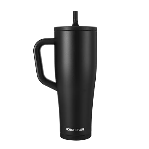 Ice Shaker 40 oz Tumbler with Handle and Straw | 40oz Black | Cold for 30+ Hours | 2-in-1 Tumbler Shaker Bottle | Odor-Free 40 ounce Bottle for Water, Protein Shakes, Smoothies, Cocktails