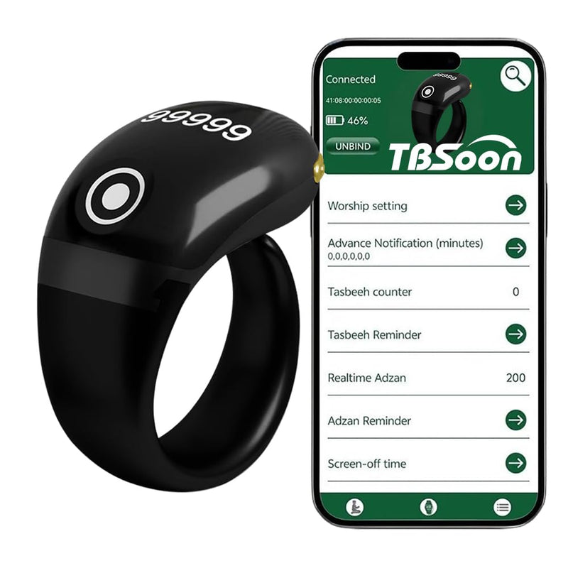 Lightweight Tasbih Smart Ring, Tasbeeh Counters,Prayer Direction Indicator Guide,5 Azan Alarm Clock,Forgiveness,Electronic Rosary,Eid al-Fitr Eid al-Adha Ramadan Gift for men women-Black Pro with APP Black Pro