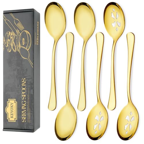 Set of six 10-inch gold serving spoons including three large and three slotted spoons for serving food.