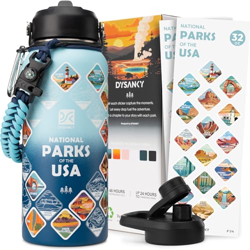 DYSANKY National Parks Water Bottle – 32 oz Insulated Stainless Steel Water Jug with 64 Park Stickers, Outdoor Accessories & Gift Box – BPA-Free – Ideal for Hiking, Camping & Travel Gradient Blue 32 Ounces