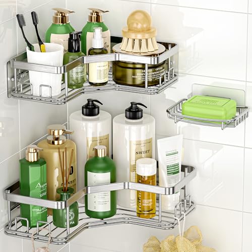 MAXIFFE 3 Pack X-Large Corner Shower Caddy with Soap Holder, Large Capacity Sturdy Easy Install No Drilling Stainless Steel Hold 40 LB Shower Organizer Shelves Rack for Family Renters Bathroom, Silver Silver XL - 3 Pack