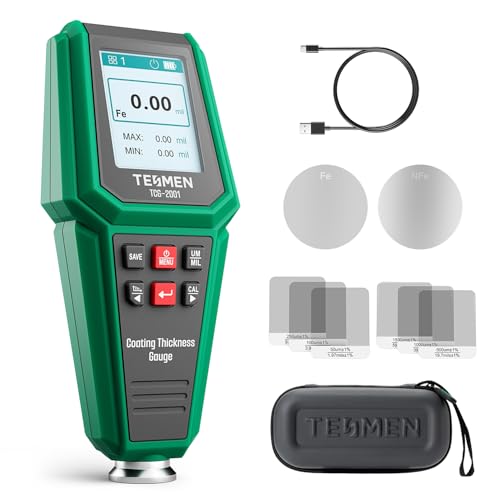 TESMEN TCG-2001 Car Paint Film Thickness Gauge Digital Paint Gauge with Bar Chart 4-Way Color Display Backlight Alarm Fe/NFE Probe - Green