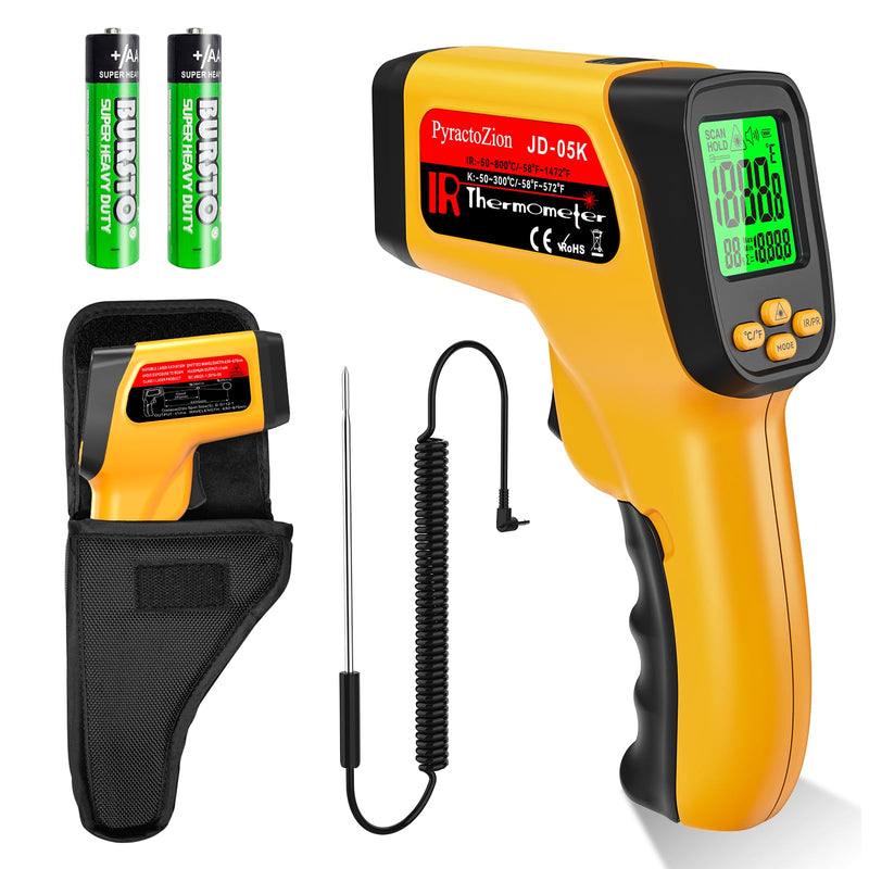 [Australia - AusPower] - Dual-Mode Infrared Thermometer Gun, Non-Contact IR & K-Type Thermocouple Probe, -58°F to 1472°F, High Accuracy, Laser Temperature Gun with Humidity Display, Emissivity, Max/Min, for Cooking BBQ HVAC 
