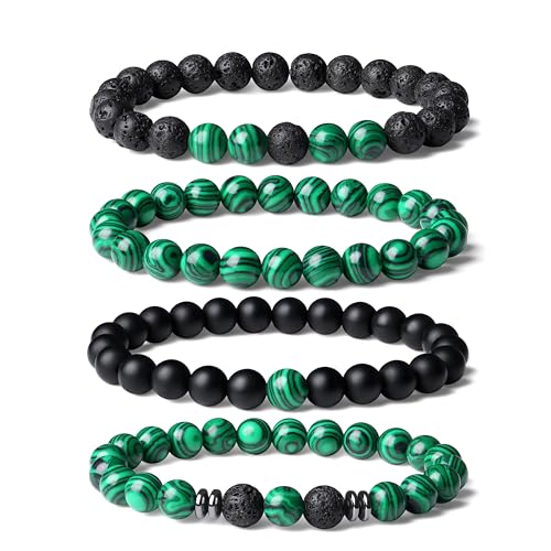 Mens Beaded Bracelets, 8MM Beaded Bracelets for Men, Natural Tiger Eye Bead Bracelet, Stretch Elastic Beads Bracelets for Men 4 volcanic malachite black