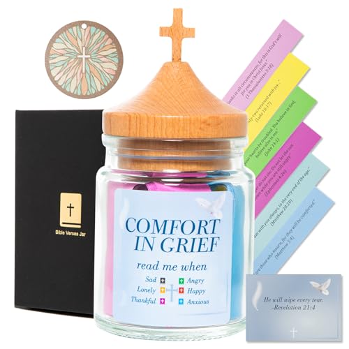 Bible Verse Jar Christian Gift for Women Inspirational Emotion-Focused Scripture Premium Wooden Lid with Cross (Comfort in Grief) Comfort in Grief