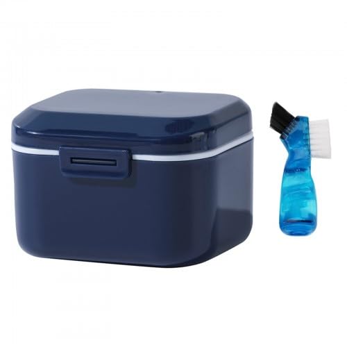 Denture Cup Box, Dental Prosthesis Storage Box with Cleaning Brushes, Denture Box with Strainer, Leak-Proof Prosthesis Box, Portable Denture Box, for False Teeth Storage, Cleaning (Navy Blue)