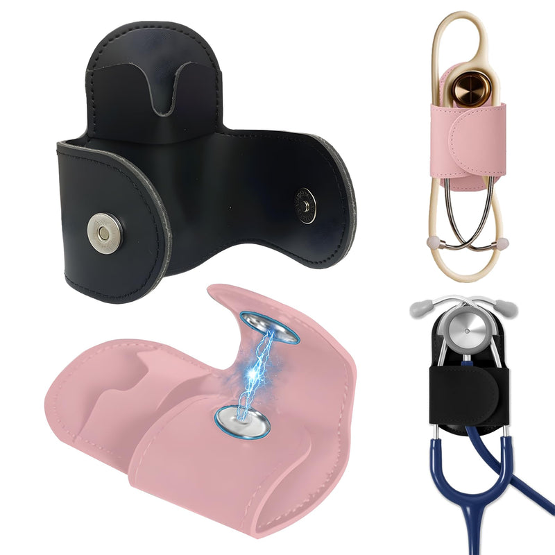 [Australia - AusPower] - Magnetic Stethoscope Holder Clip 2-Pack (Black & Pink) - Secure Hands-Free PU Leather Holster for Physicians, Nurses, EMT, Students - Fits 3M Littmann & Most Stethoscopes 