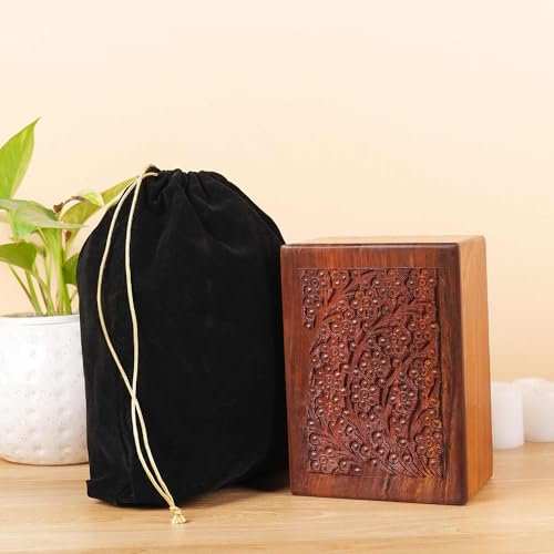 Hashcart Carved Floral Wooden Cremation Urn, Ashes 90 Lbs