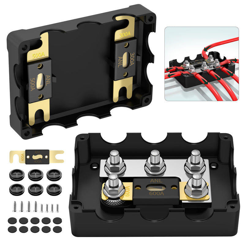 ANL Fuse Holder Max 1000A 1 in 6 Out Waterproof Anl Fuse Block with 5 x 5/16" Studs Dual Fuse Holder with 300 Amp, 400 Amp, 500 Amp and 600 Amp ANL Fuses for Marine Automotive Car Truck Boat