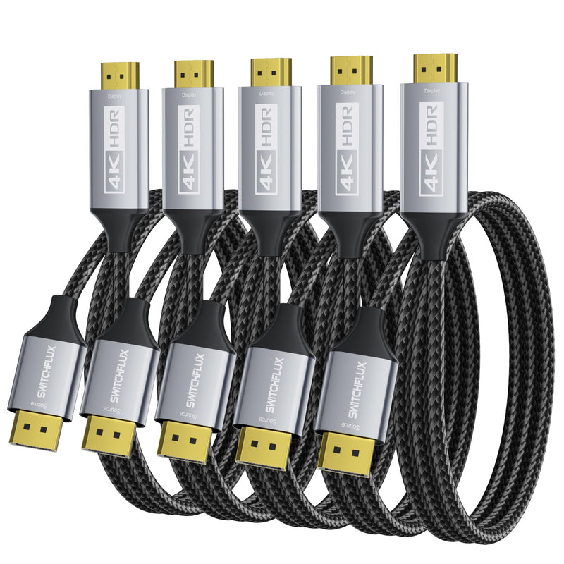 5Pack DisplayPort to HDMI Cable 6Ft (4K@60Hz,1440P/2K@120Hz) Uni-Directional Display Port 1.2 to HDMI 2.0 Braided Cord,DP to HDMI Compatible with AMD,NVIDIA,Desktops,and Gaming Monitors 5Pack