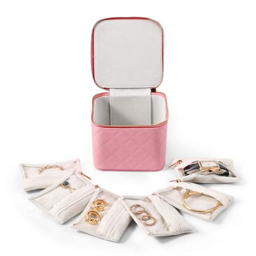 Travel Jewelry Box Organizer - Small Jewelry Case with 6 Small Velvet Zipped Pouches Pockets for Jewelry Necklaces Rings Earrings Storage(Pink) Pink