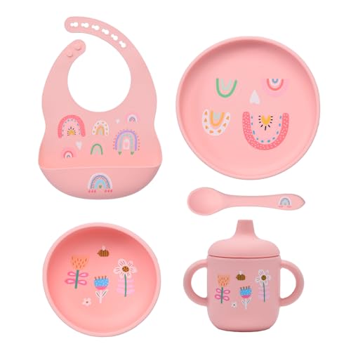 silicone baby feeding set, Baby Led Weaning Supplies，Cutlery Feeding Supplies, Baby Utensils Feeding Essentials for Starting Solids，5 Piece Set (pink) Pink