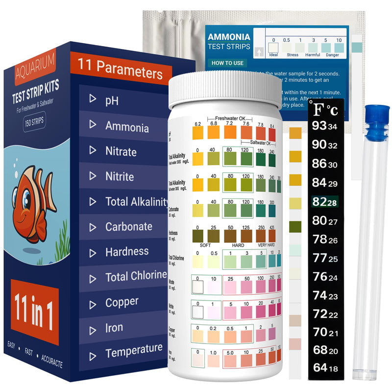 11 in 1 Aquarium Test Strips Kit | Aquarium Ammonia Test Strips | 150 Strips | Quick Accurate Freshwater&Saltwater Fish Tank Water Test Kit for Ammonia,pH,Nitrate,Nitrite,Hardness,Chlorine,Carbonate 11 in 1