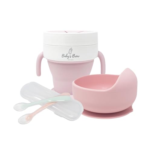 Baby's Brew Baby Feeding Set, Suction Bowl Spoons Snack Cup, Pink Pink Cup + Pink Bowl