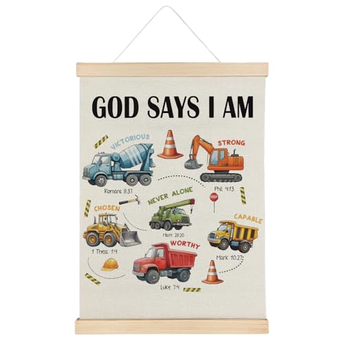 ATBWGT Christian Construction Wall Art Decor, Construction Room Decor for Boys, God Says I Am Bible Verses Poster Hanger Frame for Boys Bedroom Room Nursery Playroom, 12x16 Inch