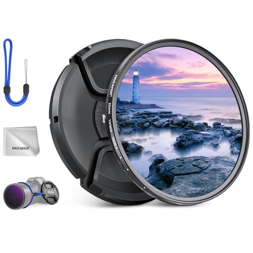 NEEWER 55mm Variable ND Filter with Lens Cap, Cleaning Cloth, ND2-32 (1-5 Stops) Precise Neutral Density Adjustment, Multicoated Optical Glass, Camera Photography Accessories ND2-ND32