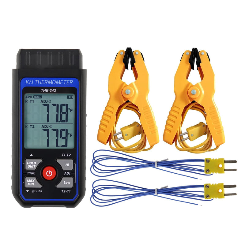 [Australia - AusPower] - Thermocouple Thermometer HVAC Temperature Meter, Digital Temperature Thermometer with 2 Temperature Clamp & 2 Wired Thermocouple Probes, Dual Channel with Alarm & ADJ Compensation (-328~2500℉ Range) 
