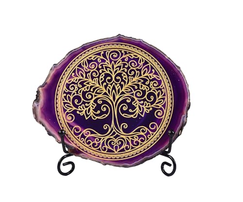 AMOYSTONE Zen Home Decor - Laser Engraved Purple Agate with Tree of Life, 4-5" Display Stand Purple Tree of Life 01 4-5 INCH