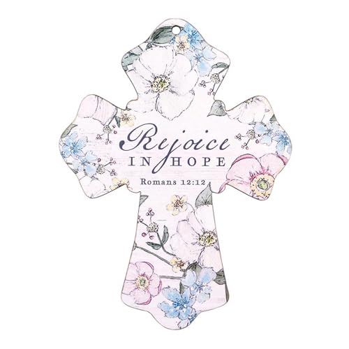 Faithworks Wall Crosses - Wooden Floral Wall-Cross with Scripture, 6" Tall, Blue - Rejoice In Hope