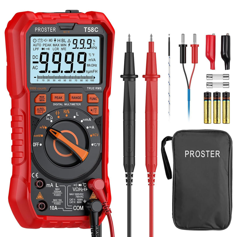 [Australia - AusPower] - Proster Digital Multimeter Tester True RMS 9999 Counts - Auto Ranging Multimeter, AC DC Voltage Current Meter with NCV Inductance Backlight Temperature Capacitance Test Meter Electrical Red 