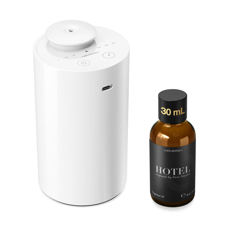 [Australia - AusPower] - Waterless Essential Oil Diffuser Starter Kit with 30mL Hotel Fragrance Oil Inspired by Four Season, Battery Operated Car Diffuser, Portable Aroma Nebulizer for Home Car Office, AN6Kit-B, White White+30 Kit1 Basic 