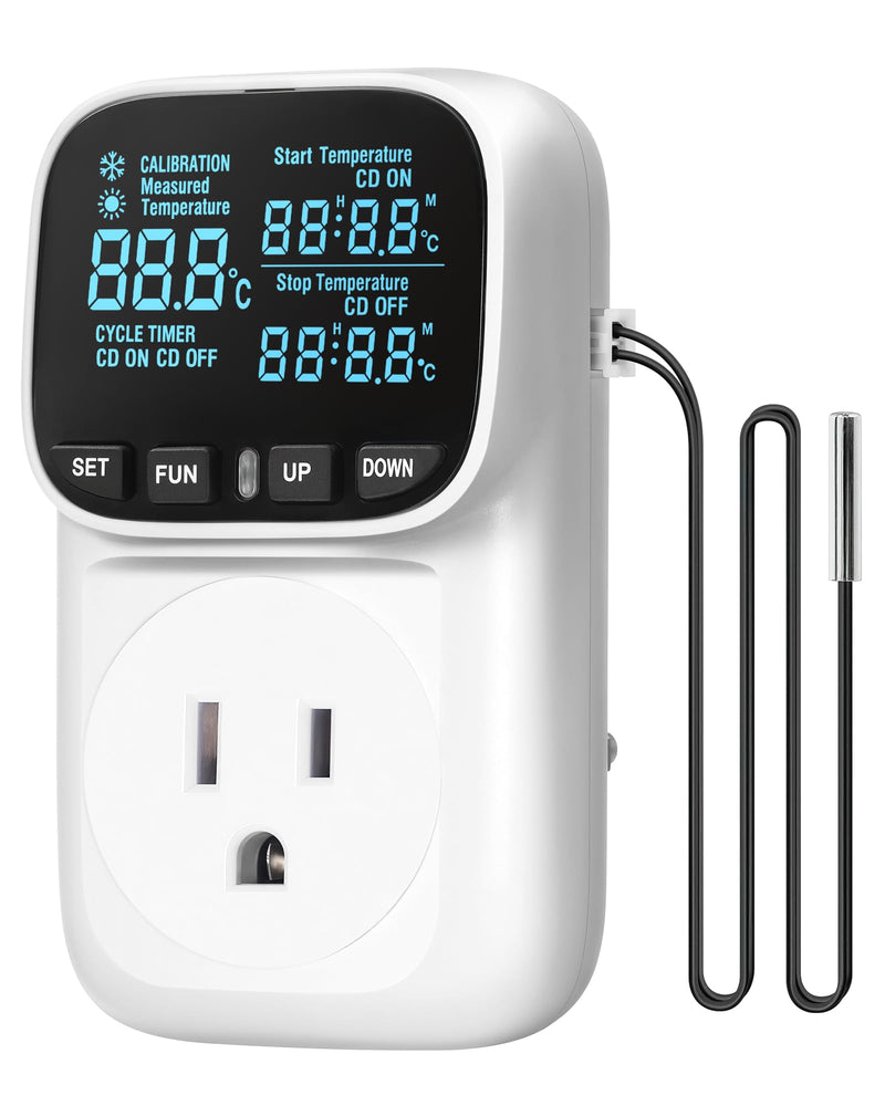 [Australia - AusPower] - Digital Temperature Controller Outlet, 15A/1800W Heavy Duty Thermostat Plug, VA LCD Display, Heating/Cooling Control, -40°F~210°F, 4 Timer Modes, for Greenhouse Incubator Homebrew W01TC06 