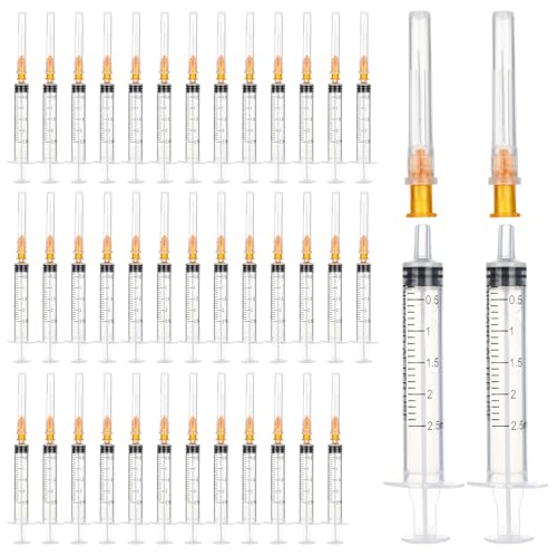 Pack of 40 Plastic Syringes with Needle, Versatile Syringes 2.5 ml, Plastic Syringe Individually Packed, Dosing Syringes with Caps for Garden, Pet Care, Laboratory Supplies