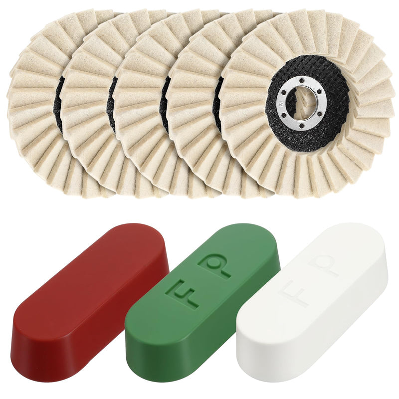 [Australia - AusPower] - 8 Pcs Wool Polishing Wheel Disc and Polishing Compounds Set Includes 5 Thicken Arbor Buffing Wheel 3 Buffing Compound 4 1/2 x 7/8 Inch Felt Flap Disc for Angle Grinder, Multi Surface 