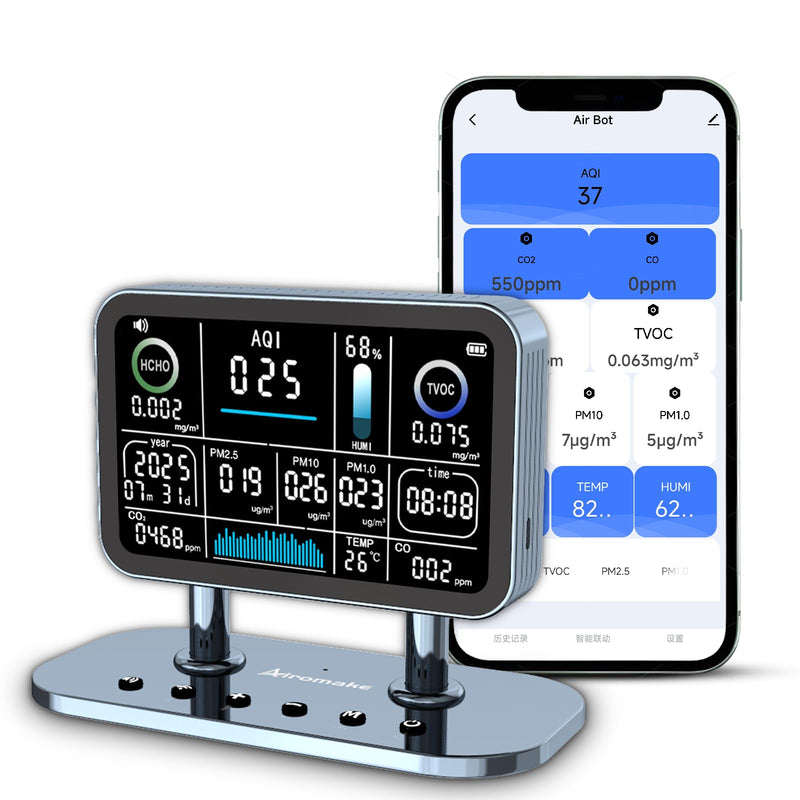[Australia - AusPower] - Air Quality Monitor Indoor,16 in 1 Smart Air Quality Monitor 6" Indoor Air Quality Meter VOC, AQI, HCHO, CO, Alarm, PM1.0, Temp, HUMI&CO2 PM2.5 Monitor,Indoor Air Quality Test for Home WiFi Connect Grey 