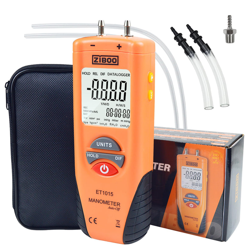 ZIBOO ET1013 Digital Manometer, Air and Gas Pressure Tester, Differential Dual Port Pressure Gauge, Large LCD Display with Backlight,HVAC Gas Pressure Tester ZIBOO ET1013