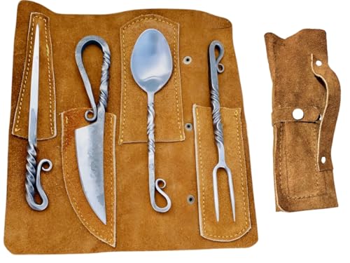 Hand Forged Viking Cutlery Set Knife Knives Black Silverware Set With Leather Cover- Medieval 4 Pcs Kitchen Utensils Set, Viking Cutlery Set Knife Spoons And Forks Set- Dinnerware Sets