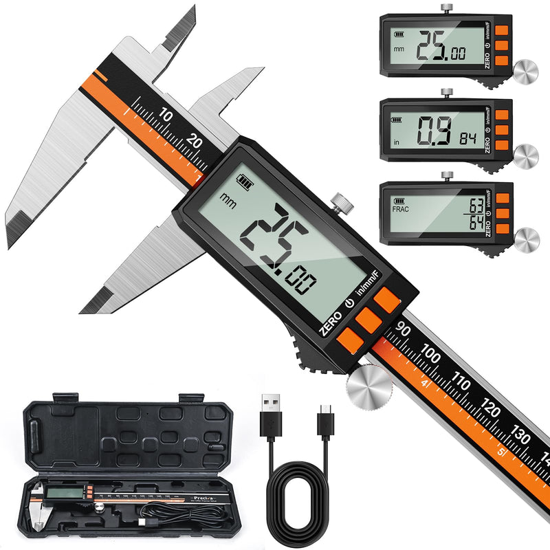 Preciva Digital Caliper 6", Rechargeable Stainless Steel Micrometer | Type-C charging, durable steel body, large LCD with auto-off saves power, in/mm/frac, for 3D-printing machining woodworking 6 Inch