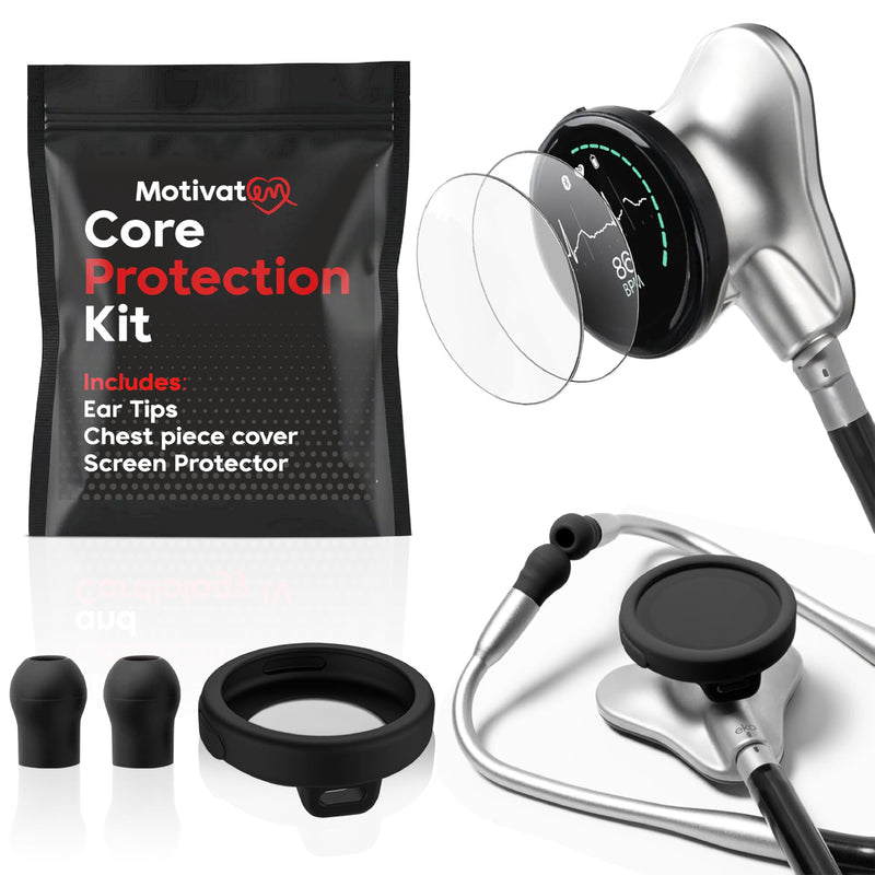 [Australia - AusPower] - Core Protection Kit for EKO Core 500 Digital Stethoscope – Silicone Chestpiece Cover, 2 Tempered Glass Screen Protectors, & Replacement Ear Tips (Black) 