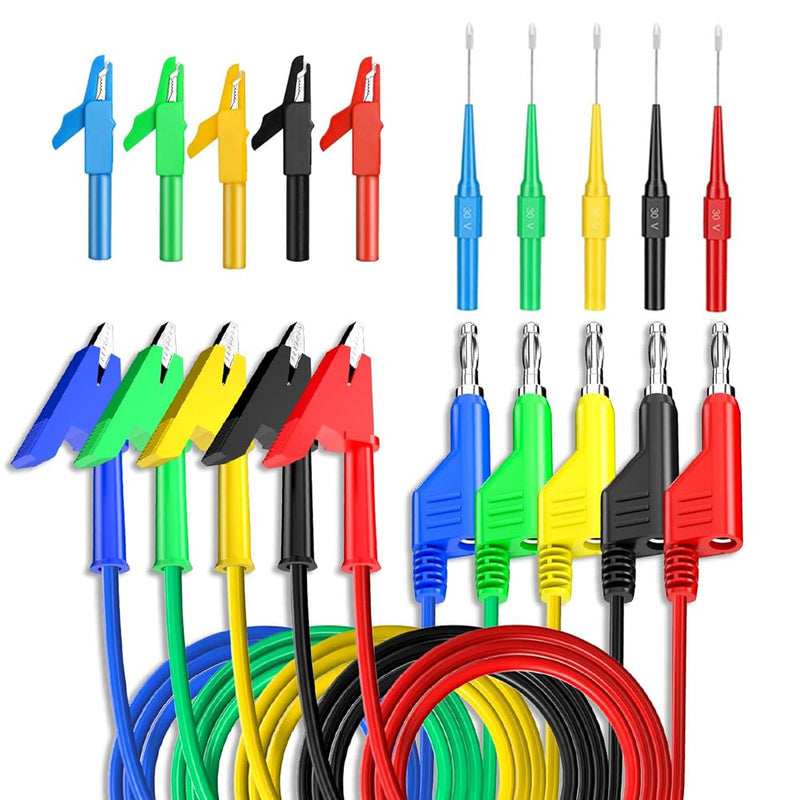 [Australia - AusPower] - 15PCS Back Probe Kit, Stackable Banana Plug to Copper Alligator Clip Test Leads Set with Alligator Clips and Back Probe Pins for Car Repairing Diagnostic Multimeter Electrical Testing 5 Colors 