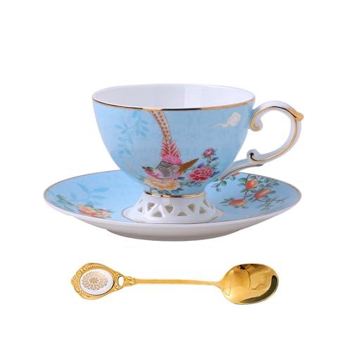Blue Tea Cup and Saucer Set, Bone China Tea Cup and Saucer with Spoon, Porcelain Floral Teacup Set with Gold Trim, Dishwasher Safe, Food Grade, Gift for Women, Mom, Friends, 6.8 oz