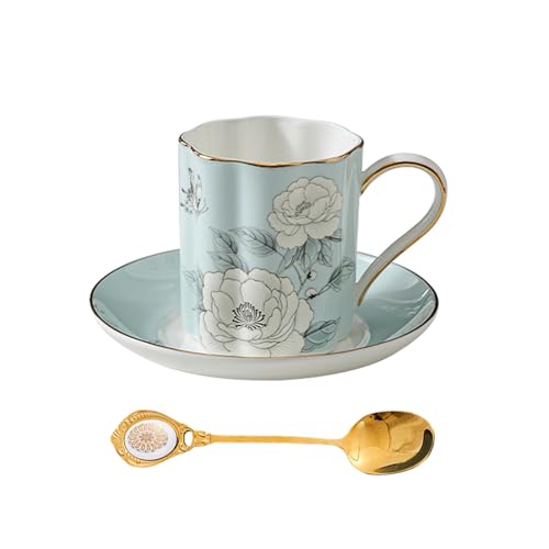 Floral Tea Cup and Saucer Set, Bone China Cup and Saucer with Spoon, Elegant Porcelain Coffee Cup with Gold Trim, Food Grade Coffee Mug for Women, Tea Party, Gifts Giving, 8.5 oz