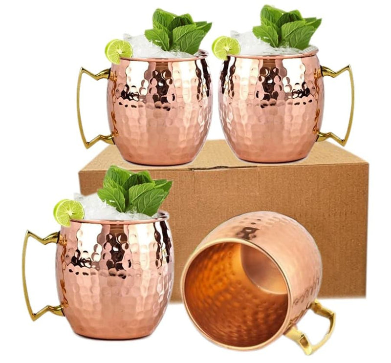BOLD & DIVINE Moscow Mule Copper Mugs - Set of 4-100% HANDCRAFTED - Food Safe Pure Solid Copper Mugs with Gold & Brass Handle - 16 oz Christmas Gift Set | Perfect for Bars, Parties & Gifts