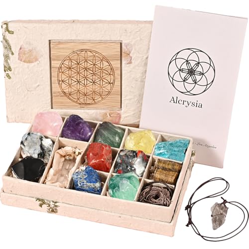 Set of 12 Raw Crystals and Healing Stones for Each Month with Guide, Meditation Tools for Chakra Work, Reiki and Energy Healing with DIY Necklace Set and Clear Quartz Pendant, Unique Gift