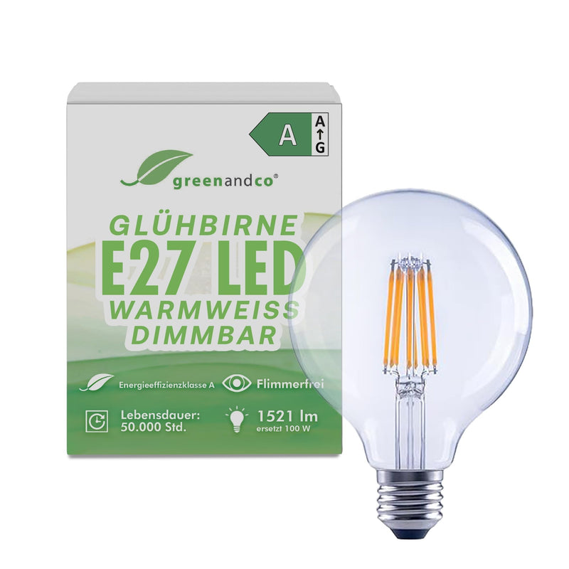 greenandco Filament LED Light Bulb, Clear, Dimmable, E27 G95, 7.2 W, 1521 lm, Replaces 100 W, 3000 K Warm White, 320°, 230 V, Flicker-Free, Energy Efficiency Class A E27 G95 Clear 1 pc. Replaces 100W dimmable Warm white 3000K