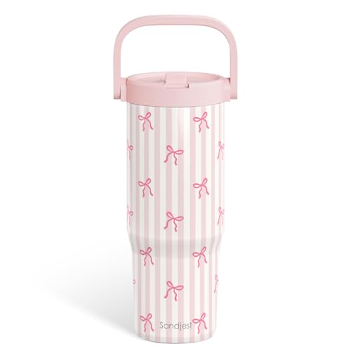 SANDJEST Bow Stainless Steel Straw Lid Tumbler 30oz with Carry Handle for Women Girls, Aesthetic Insulated Travel Coffee Cup, Gift for Sports Workout Christmas Birthday Bow 1